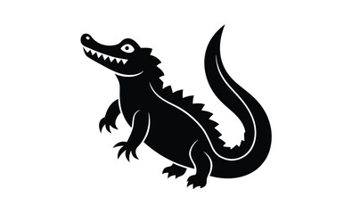 Crocodile straight tail art silhouette, crocodile silhouette with straight tail and head turned upward in vector style on white background  