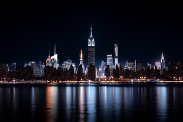 Obraz premium A sharply defined city skyline at night, captured from a distance with clear building silhouettes illuminated by glowing windows and minimal ambient city light