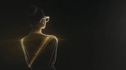 Glowing outline silhouette of a woman wearing glasses viewed from behind on dark background with copy space