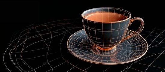 Artistic wireframe illustration of a cup and saucer on dark background with copy space