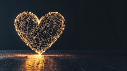 Glowing heart shape made of light strings on dark background with copy space