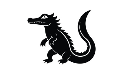 Crocodile straight tail art silhouette, crocodile silhouette with straight tail and head turned upward in vector style on white background  