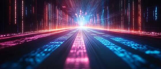 Futuristic digital data flow visualization tunnel with lights and patterns