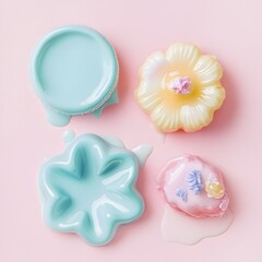 Top view of colorful fruit jelly candies on pastel pink background. flat lay. food as art.