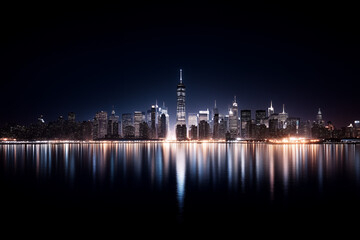 Fototapeta premium A sharply defined city skyline at night, captured from a distance with clear building silhouettes illuminated by glowing windows and minimal ambient city light