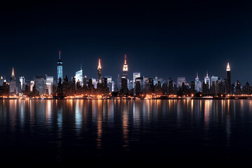 Obraz premium A sharply defined city skyline at night, captured from a distance with clear building silhouettes illuminated by glowing windows and minimal ambient city light