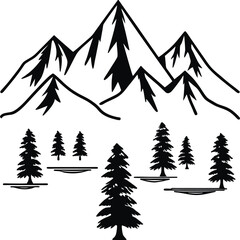 Obraz premium Black and white illustration of mountains with pine trees, representing nature, adventure, and the outdoors, perfect for landscapes, environmental designs, and outdoor-themed graphics.