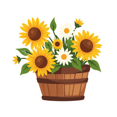 Obraz premium Bright sunflowers and daisies in a wooden basket 