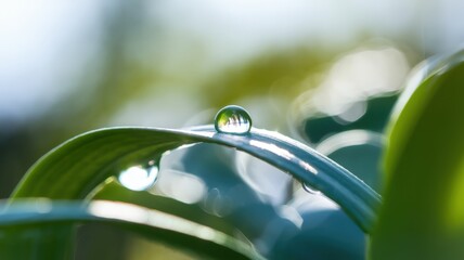 Close-up of a water droplet on a green leaf with blurred natural background, showcasing nature's beauty and freshness