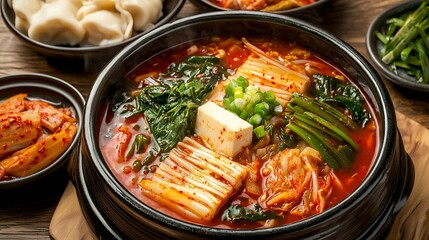 Hearty, spicy stew with kimchi, tofu, and vegetables.  Steaming hot, flavorful broth, perfect for a meal