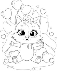 Cute cat with heart-shaped balloons. Black and white coloring page