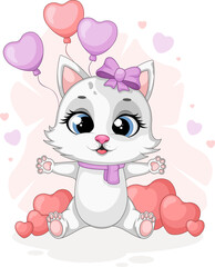 Happy cat with heart-shaped balloons on a romantic background