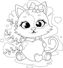 Cute cat holding a heart. Black and white coloring page
