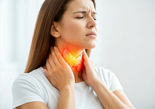 Young Caucasian woman suffering from thyroid pain, holding her neck with both hands, highlighted gland inflammation, concept of endocrine disorder and hormonal imbalance