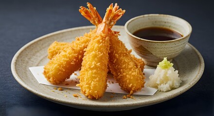 Portion of shrimp tempura with sauce