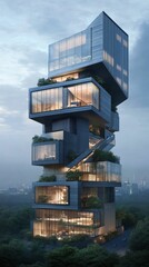 Modern, stacked building; glass, greenery, urban setting.