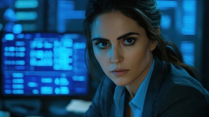 Focused businesswoman in dark office with glowing blue financial data screens
