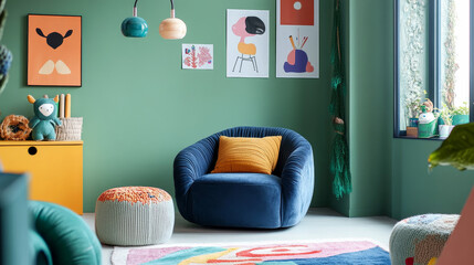 Stylish composition of cozy child room interior design with green wall and armchairs and stool. Mock up. Blue armchair, posters, plush pilow and bright carpet.