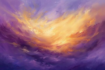 Fototapeta premium A painting of wispy clouds painted with shades of gold and purple, Wispy clouds painted with shades of gold and lavender illuminated by the rising sun