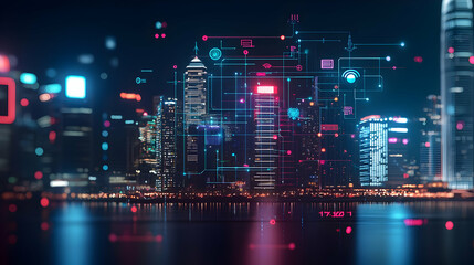 Naklejka premium Futuristic Digital Cityscape At Night