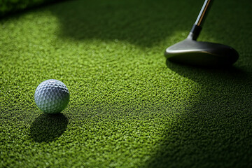 Golf ball and club on green artificial turf, showcasing a golf putting scene, ideal for sports or leisure themes