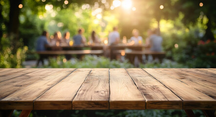 Empty wooden table and blurred view of a group of people having BBQ barbecue outdoors. Wallpaper, Wood desk in front of a natural garden background. Summer lifestyle Concept, Background,outdoors, bar-