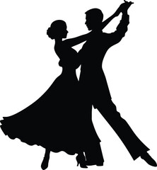  Silhouette of a couple dancing together in an elegant ballroom pose, symbolizing romance, passion, and grace, perfect for event invitations, dance studios, and artistic projects.