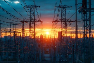 A tangle of electrical cables and transformers in a power substation, the dense web of wires and metal structures creating a complex, organized chaos under the pale morning light