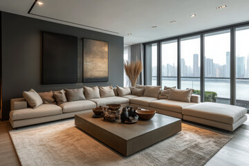 A contemporary living room with a neutral sectional sofa and deep gray walls featuring a sleek design for comfort and style