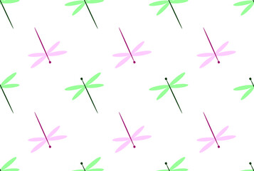 Seamless pattern with pink and green dragonflies on a white background. Vector illustration in a flat style