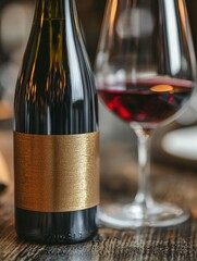 Elegant Red Wine Bottle with Gold Label and Tasting Glass