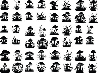 mushrooms in the grass mushrooms silhouette ,mushrooms vector icon illustration Mushroom black silhouette set on white background
