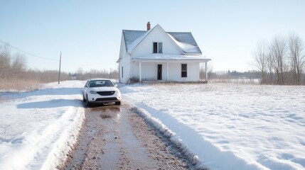 Snowy rural scene with a car and an abandoned house. A white car is parked on a muddy, snowy lane in front of a white, farmhouse, surrounded by snow-covered fields. The sun is shining,