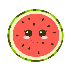 Cute watermelon with kawaii face, cartoon fruit summer character. Vector illustration.