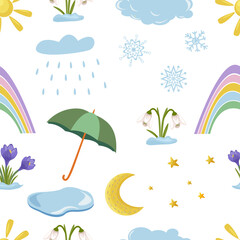 Cute children weather elements seamless pattern. Sun, clouds, rain, rainbow, snowflakes, puddle, moon and stars, umbrella. The first spring flowers are snowdrop and crocus.  Vector illustration. 