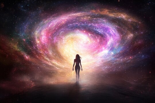 Silhouette figure facing a vibrant, swirling, colorful galaxy