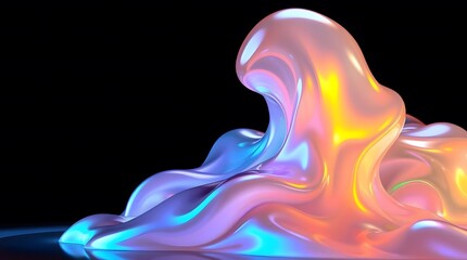 Holographic isolated liquid shape. Iridescent wavy melted substance on black background
