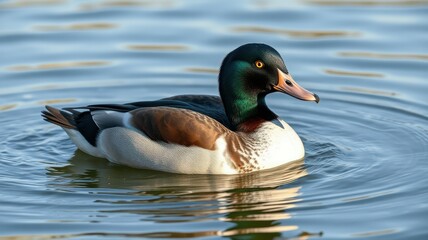Obraz premium Colorful duck swims gracefully in a serene lake during early morning light