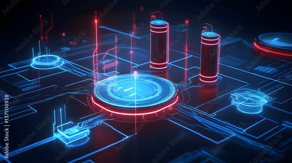 Poster futuristic digital interface with glowing circuits and nodes, showcasing advanced technology concept