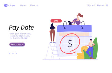 Person standing near to a calendar with pay date or tax declaration. Concept of payment date, finance calendar, financial report, pay day, business invoice. Vector illustration in flat design