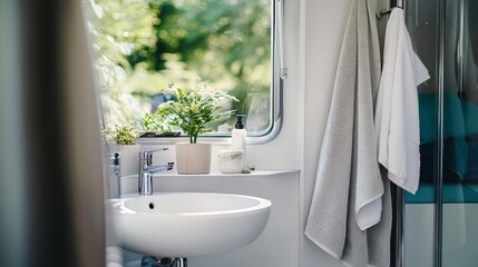 A small bathroom in a caravan with a sink and a window. The window is open and the view outside is of a forest. Motorhome.