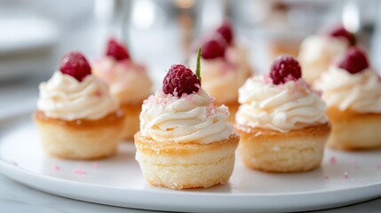 Elegant cupcakes topped with luscious cream frosting and fresh raspberries, showcasing a perfect blend of flavors that tantalize the senses and evoke feelings of joy.