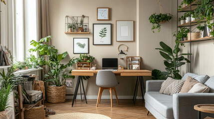 Interior design of scandinavian open space with mock up photo frames, wooden desk, gray sofa, plant, books office and personal accessories. Stylish neutral home decor. Beige walls. Template.