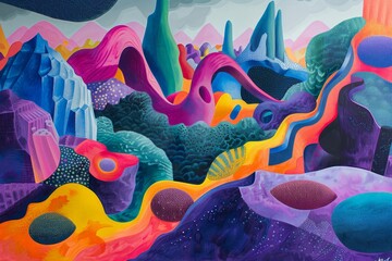 Obraz premium A digital painting depicting a surreal landscape of colorful shapes and forms, A surreal landscape of surrealistic shapes and forms in bold colors