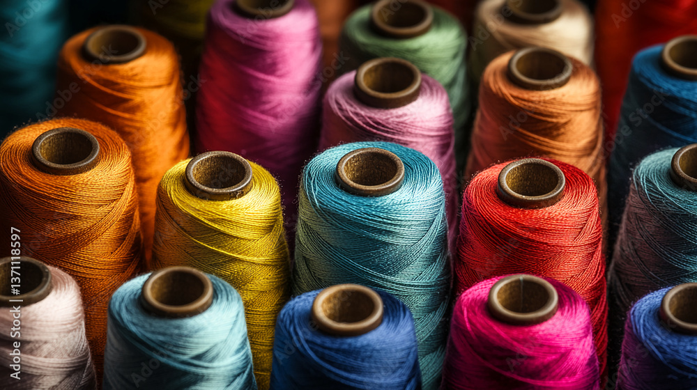 Poster close-up of colorful thread spools, showcasing diverse textures and hues. represents craftsmanship, 