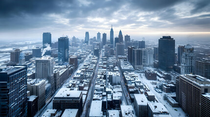 Fototapeta premium Snowy Cityscape Aerial View On A Cloudy Day