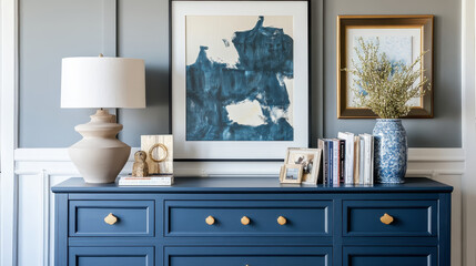 Stylish interior of living room with bluenavy commode, mock up poster frame, decoration, book and elegant personal accessories in modern home decor. Template. 