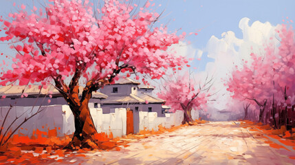 Fairy-tale house surrounded by blooming cherry blossom trees in springtime landscape