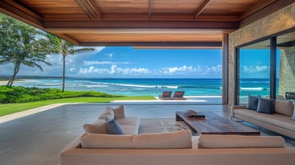 Fototapeta premium Oceanfront living room, plush sofas, tranquil view.