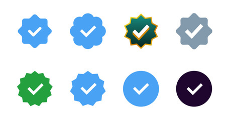 Set of Verified badges. Whatsapp, Facebook, Instagram, TikTok and Twitter. Profile verification icons. Isolated on white background. Vector
